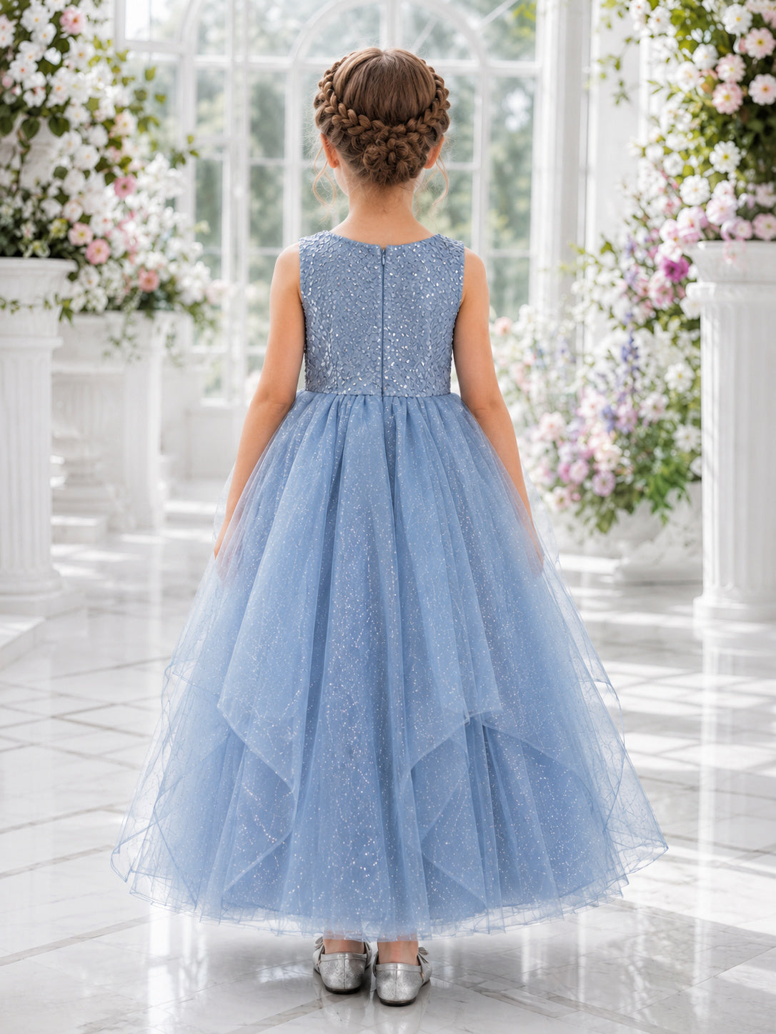 Flower Girl Dress Sky Blue Tulle A-Line Jewel Ankle length Tiered Skirt back view