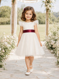 Ivory Bow Sash Tulle A-Line Flower Girl Dress with Jewel Neck, Sleeveless, and Tea-length Skirt front view