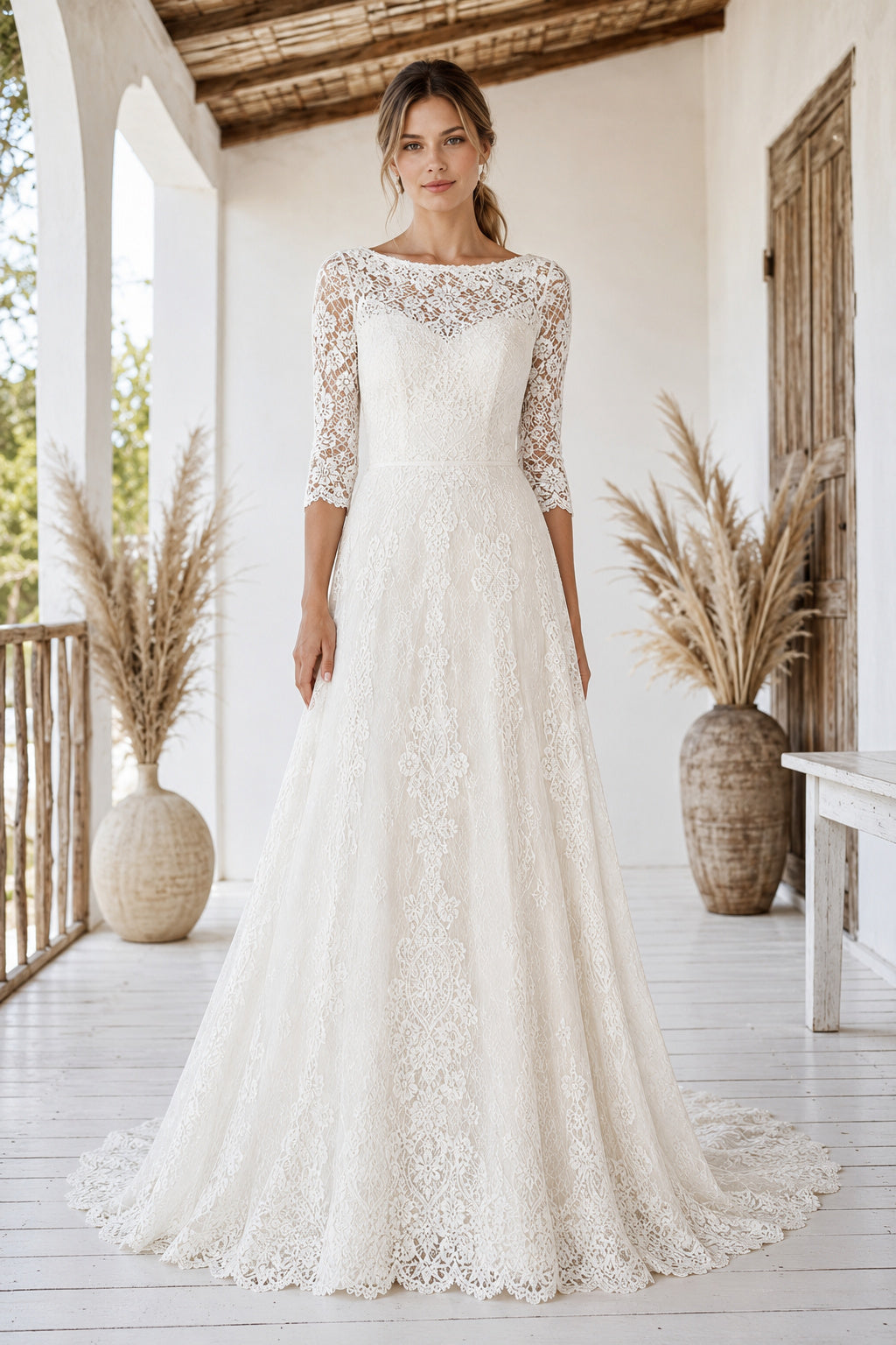 Bateau Three Quarter Sleeve A-Line Wedding Dress with Lace Bodice and Sweep Train front view