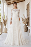 Bateau Three Quarter Sleeve A-Line Wedding Dress with Lace Bodice and Sweep Train front view