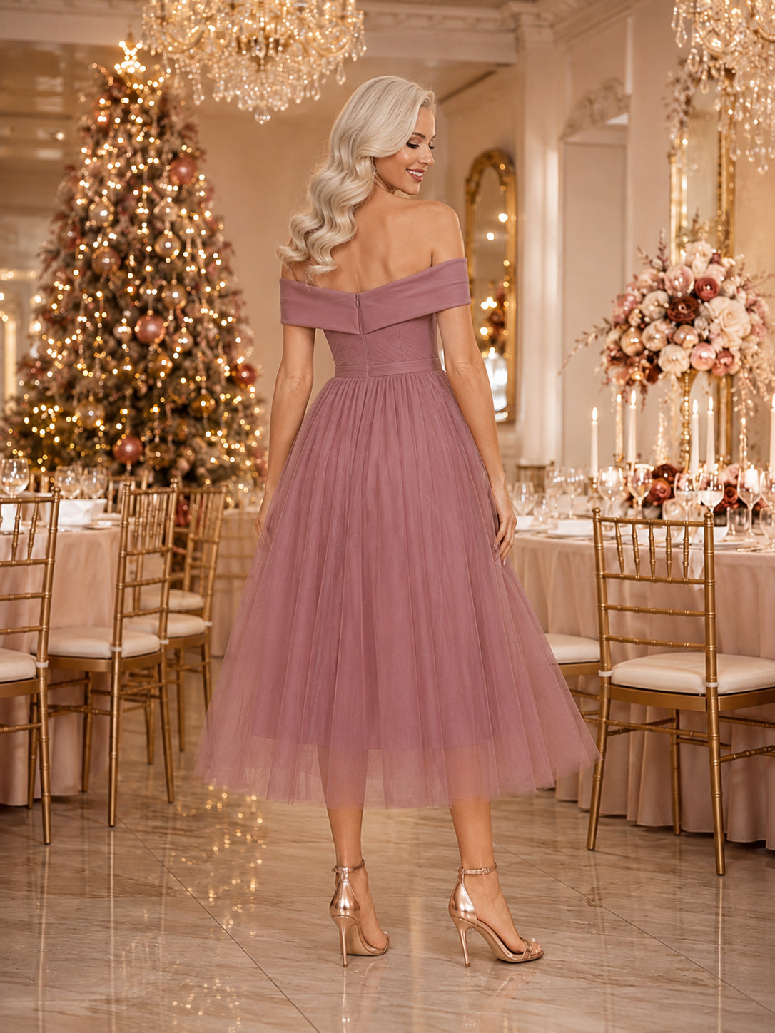 Dusty Rose Off Shoulder Pleated Tulle A-Line Tea Length Christmas Party Dress back view