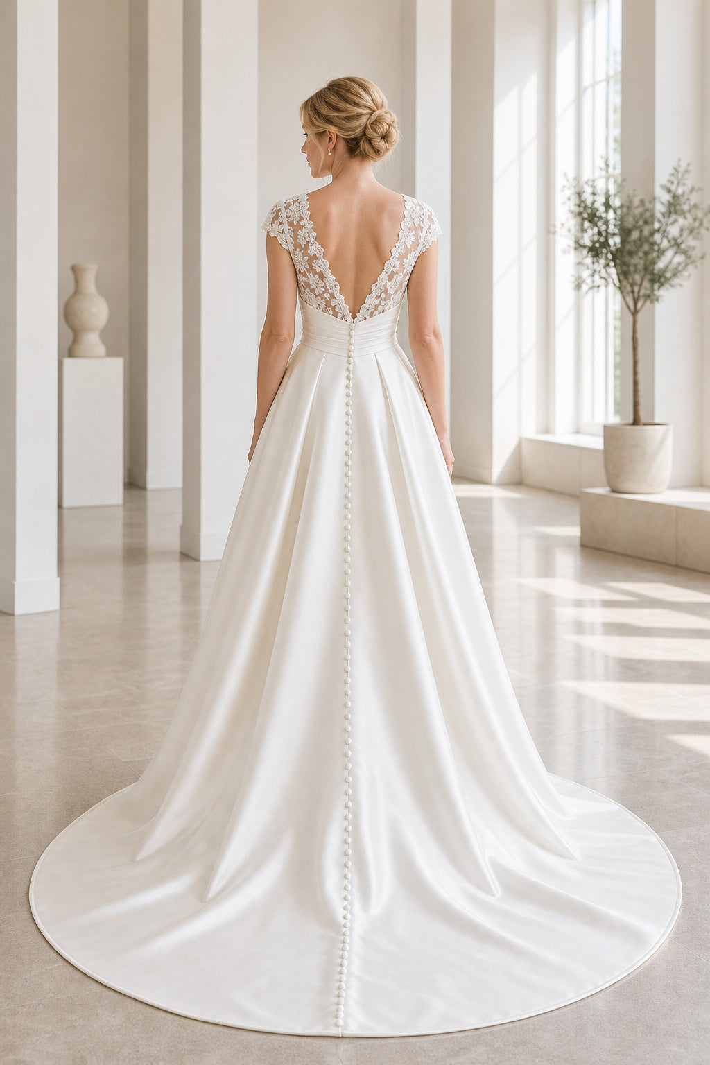 White Scoop Three-Quarter Sleeves Mermaid Crepe, Lace Floor-length Wedding Dress With Lace and Sweep Train and Open Back