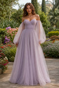 Lavender Off-the-Shoulder Floor-Length Tulle A-Line Dress
