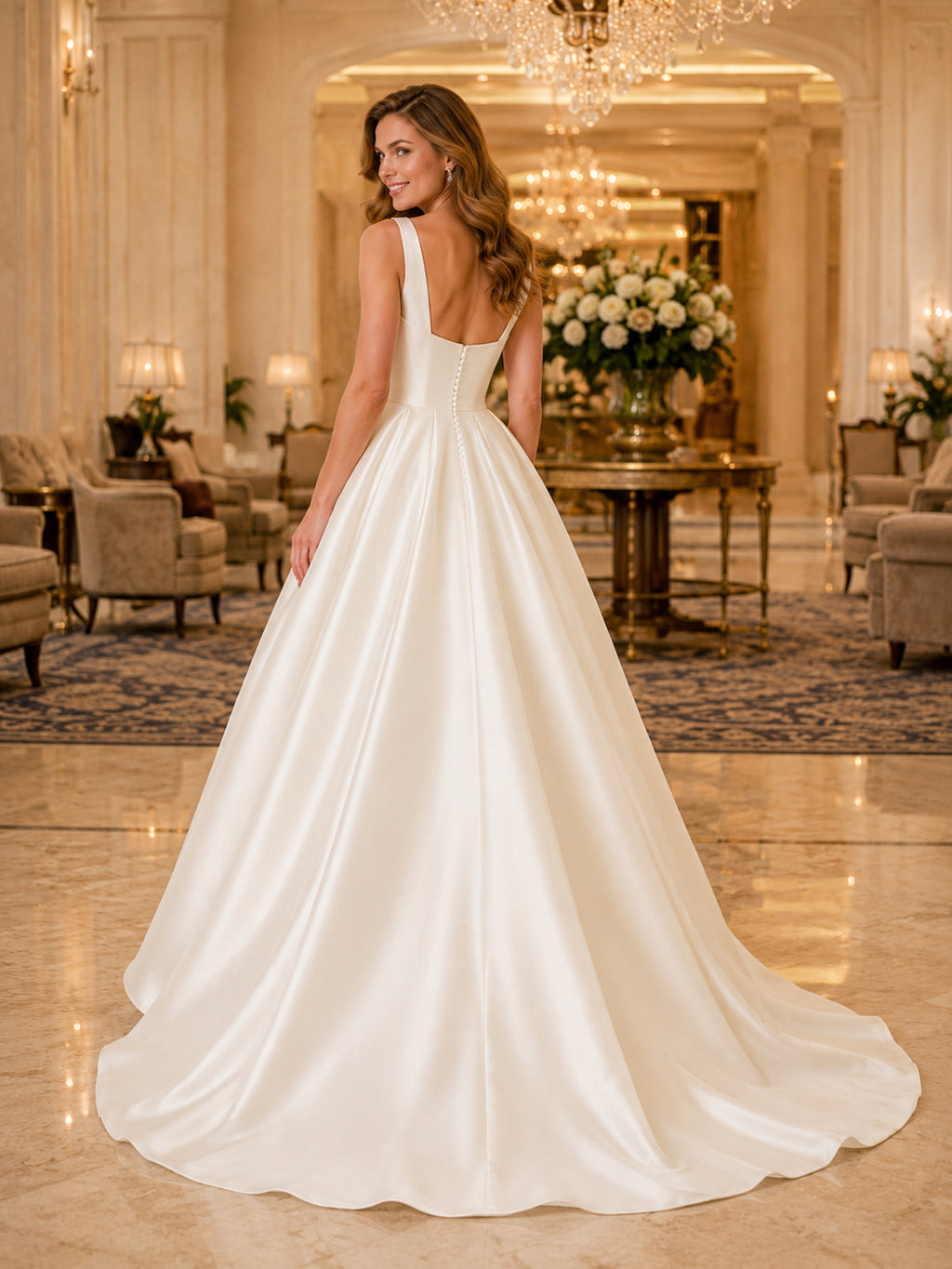 Square Neck Satin Luxury Ballroom Ball Gown Bridal Dress back view