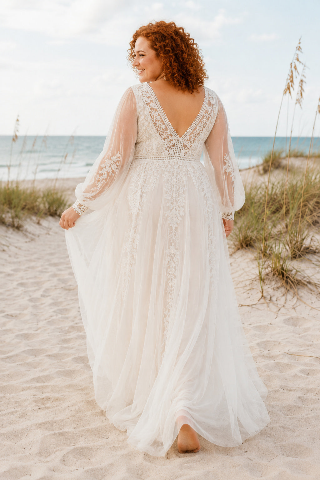 Plus Size Ivory V-Neck Long Sleeve Chiffon A-Line Wedding Dress with Split back view
