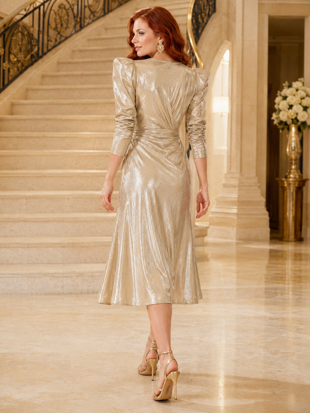 Gold V Neck Metallic Sculpted Shoulder Midi Guest Dress back view