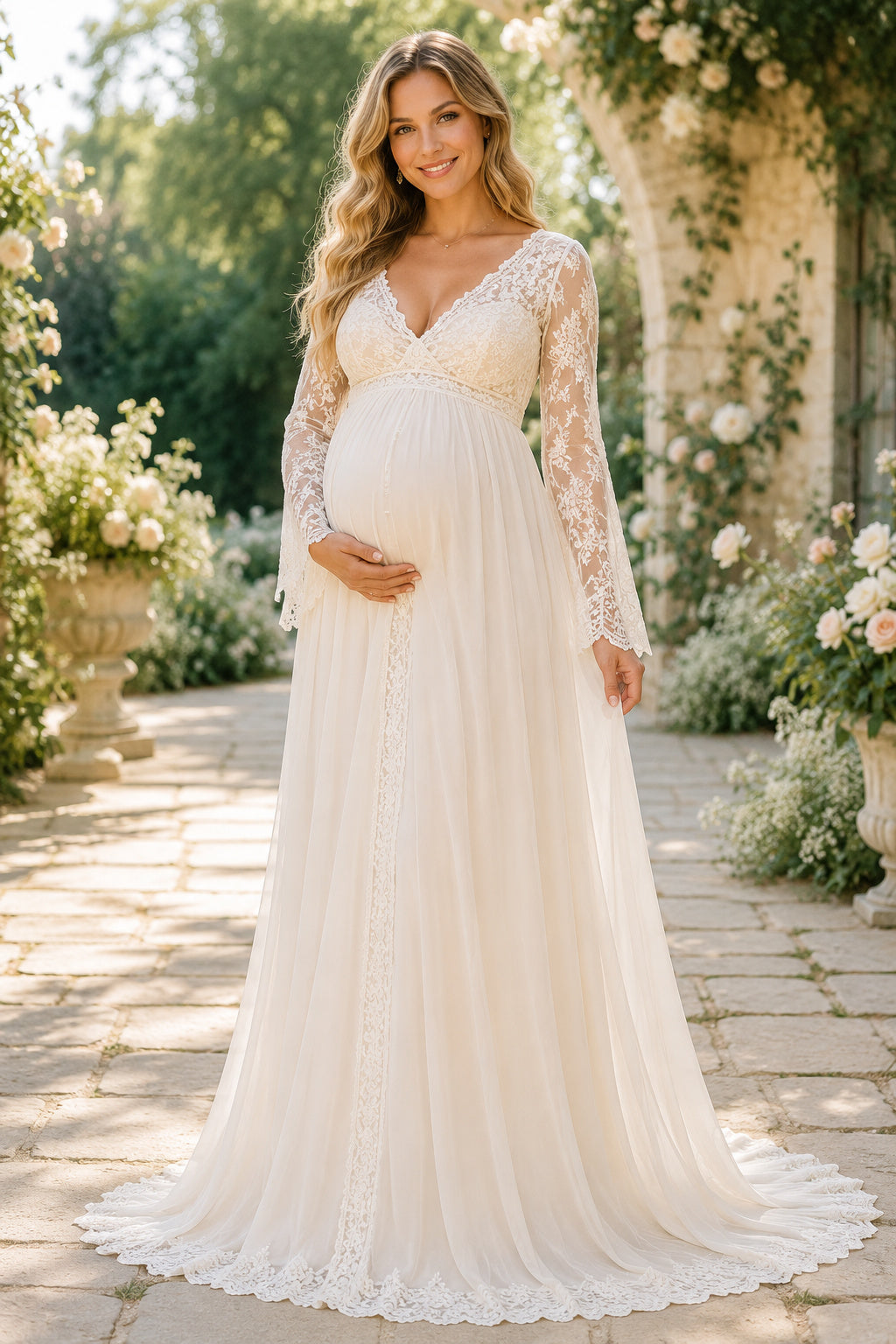 Ivory Long Sleeve Lace Maternity A-Line Wedding Dress with V-Neck front view