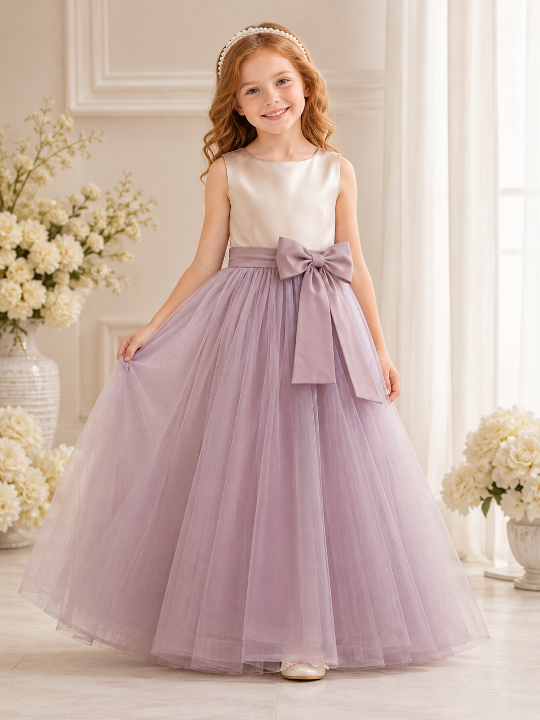 Flower Girl Dress Wisteria Satin Tulle A-Line Sleeveless Jewel Neck Floor Length Bow Back front view