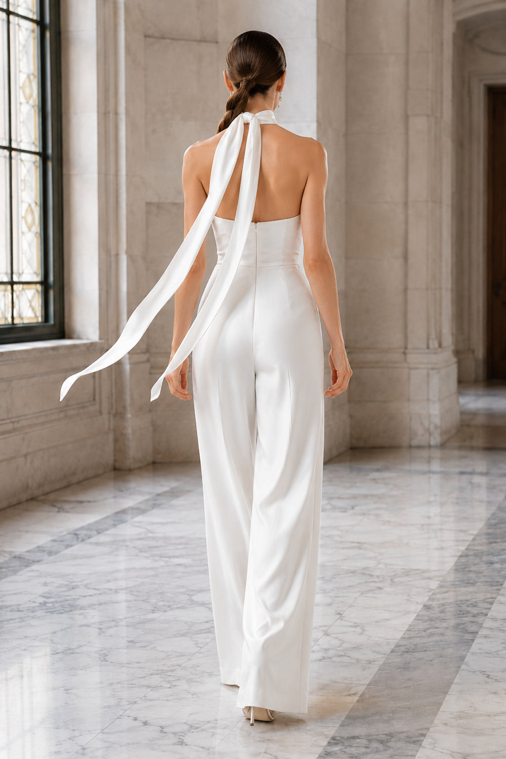 White Halter Bridal Jumpsuit with Flowing Neck Ties back view