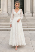 Ivory V-Neck Long Sleeve Lace Tea-Length A-Line Wedding Guest Dress front view