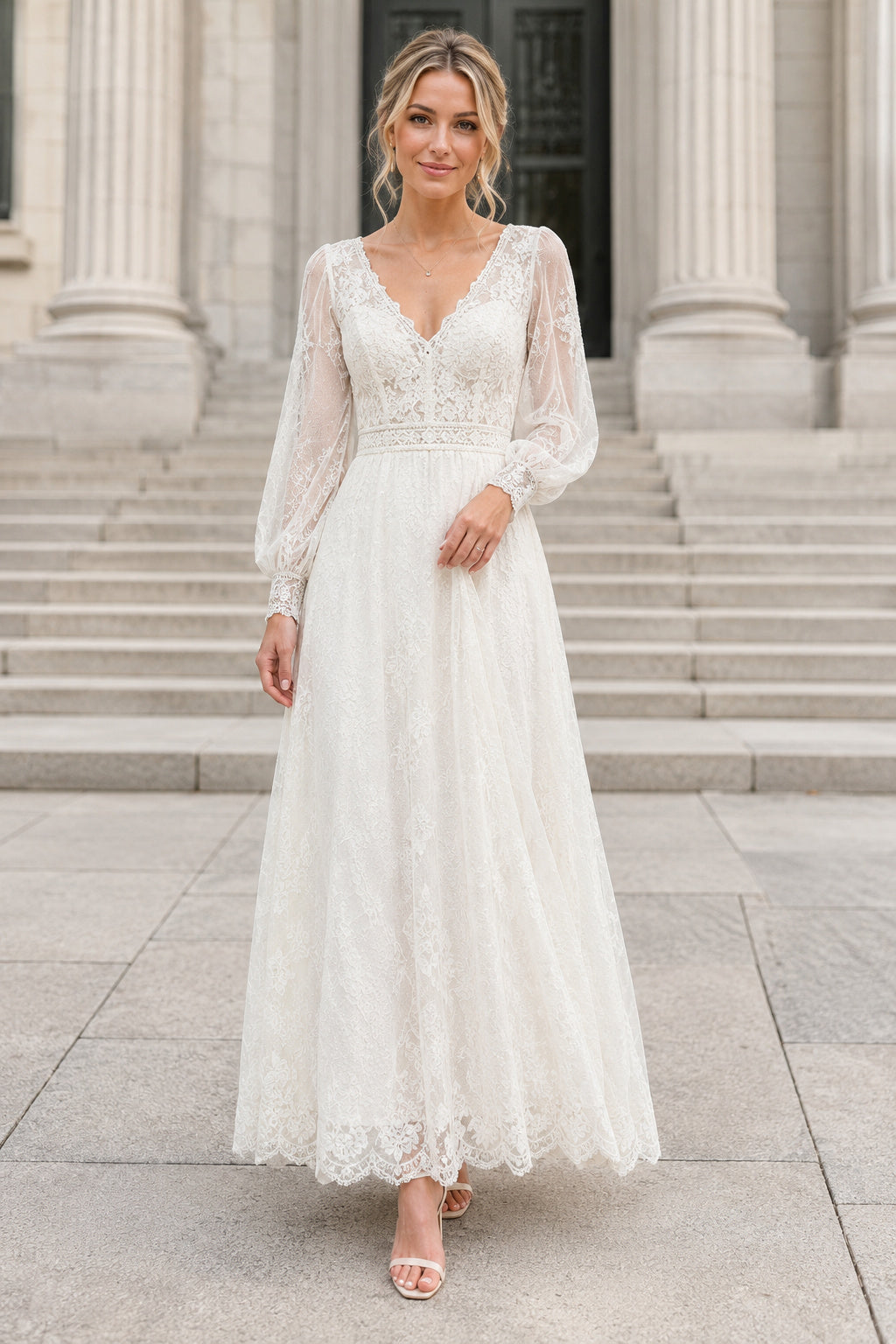 Ivory V-Neck Long Sleeve Lace Tea-Length A-Line Wedding Guest Dress front view