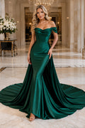 Dark Green off the shoulder satin mermaid gown with dramatic overskirt sweep train Floor-length And Chapel Train Mermaid Trum