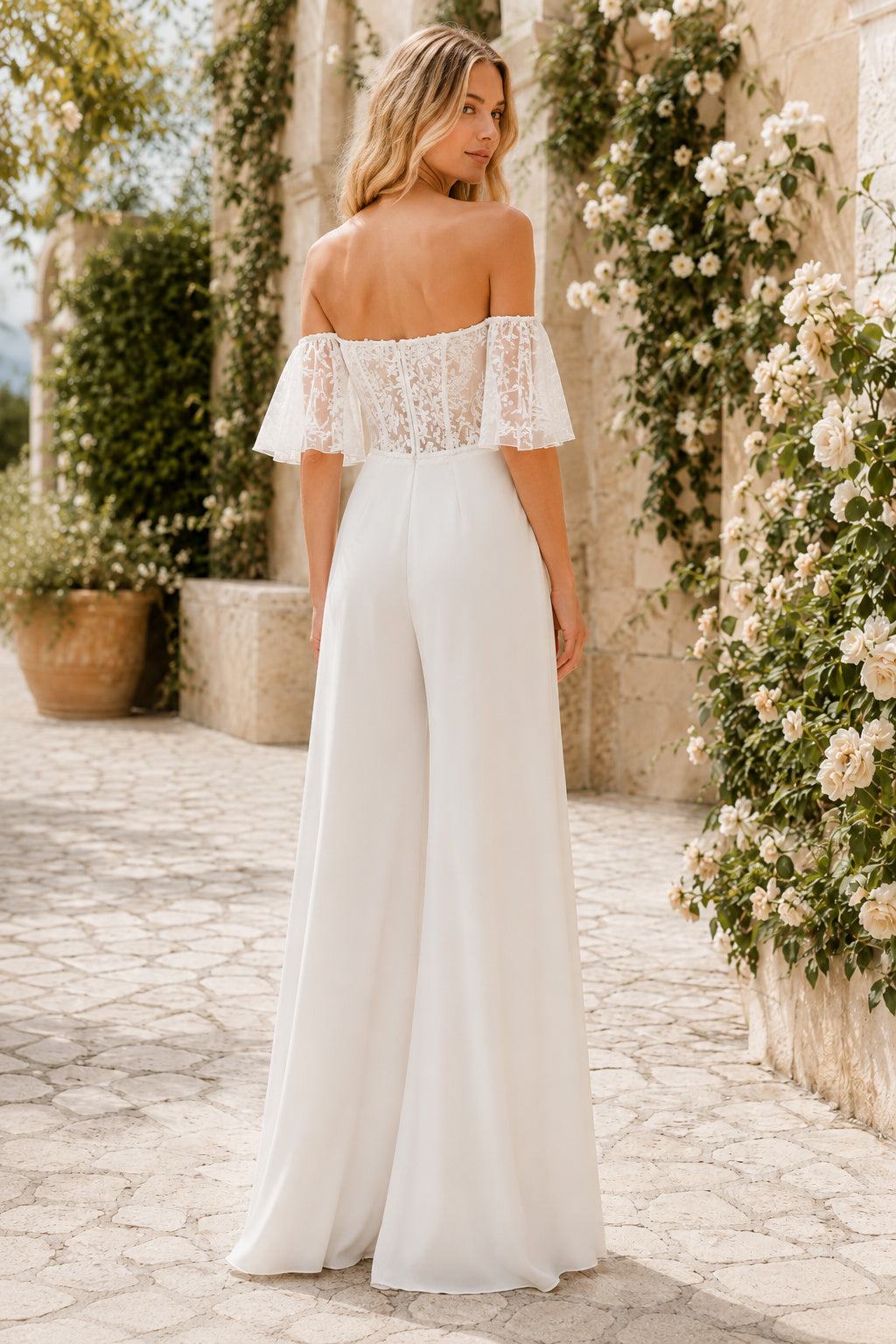 Ivory Off-the-Shoulder Sweetheart Flutter Sleeve Lace Satin Floor-Length Bridal Jumpsuit with Flutter Lace Bodice and Wide Le