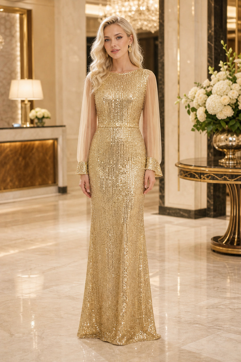 Gold Bateau Sleeveless Sequined Sheath Floor-Length Dress With Beaded Detail
