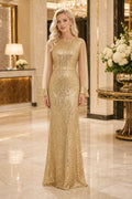 Gold Bateau Sleeveless Sequined Sheath Floor-Length Dress With Beaded Detail