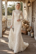 Ivory High Neck Lace Long Sleeve Sheath Wedding Dress with Illusion Back and Train front view