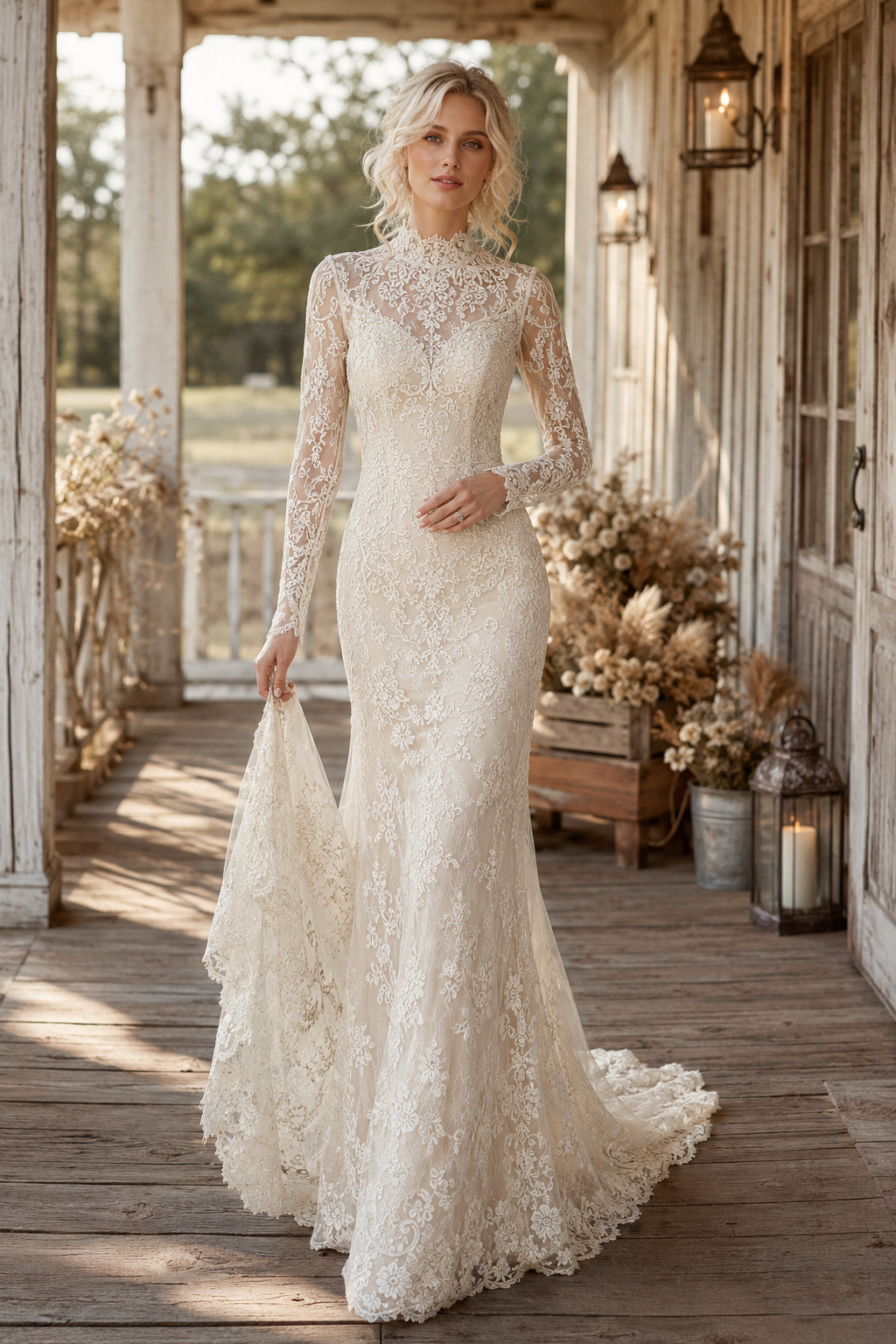 Ivory High Neck Lace Long Sleeve Sheath Wedding Dress with Illusion Back and Train front view