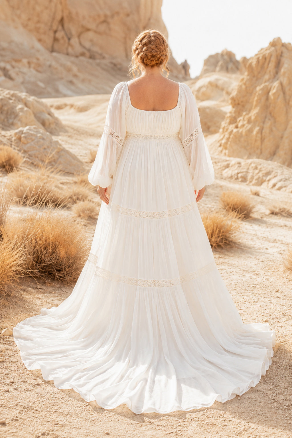 Plus Size Boho Square Neck Empire Wedding Dress with Long Sleeves and Tiered Skirt back view