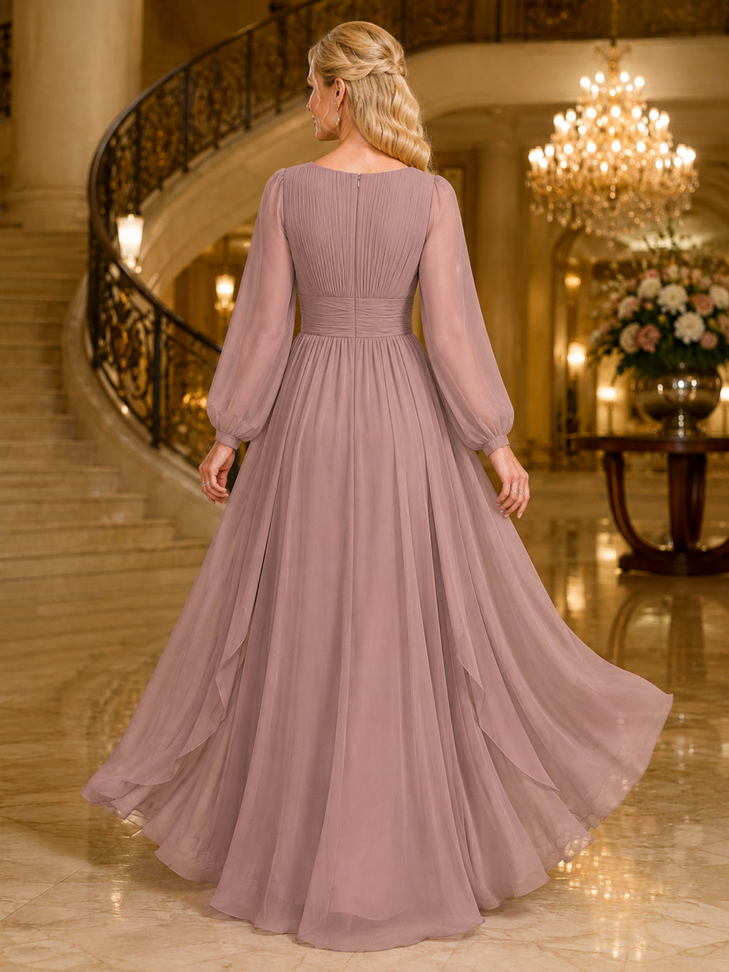 Dusty Rose Bateau Long Sleeve Chiffon A Line Formal Dress back view