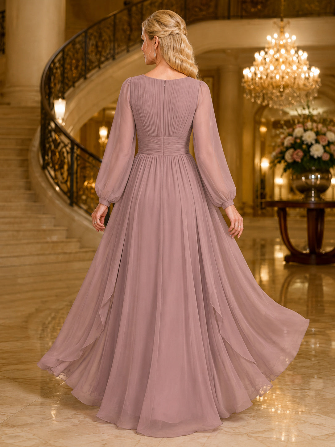 Dusty Rose Bateau Long Sleeve Chiffon A Line Formal Dress back view