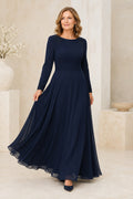 Dark Navy Long Sleeve Chiffon A-Line Mother Dress with Beaded Shoulders front view