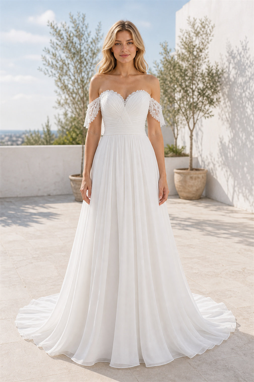 White Off-the-shoulder Off-the-shoulder A-Line Chiffon Floor-length Wedding Dress With Pleats and Train