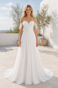 White Off-the-shoulder Off-the-shoulder A-Line Chiffon Floor-length Wedding Dress With Pleats and Train