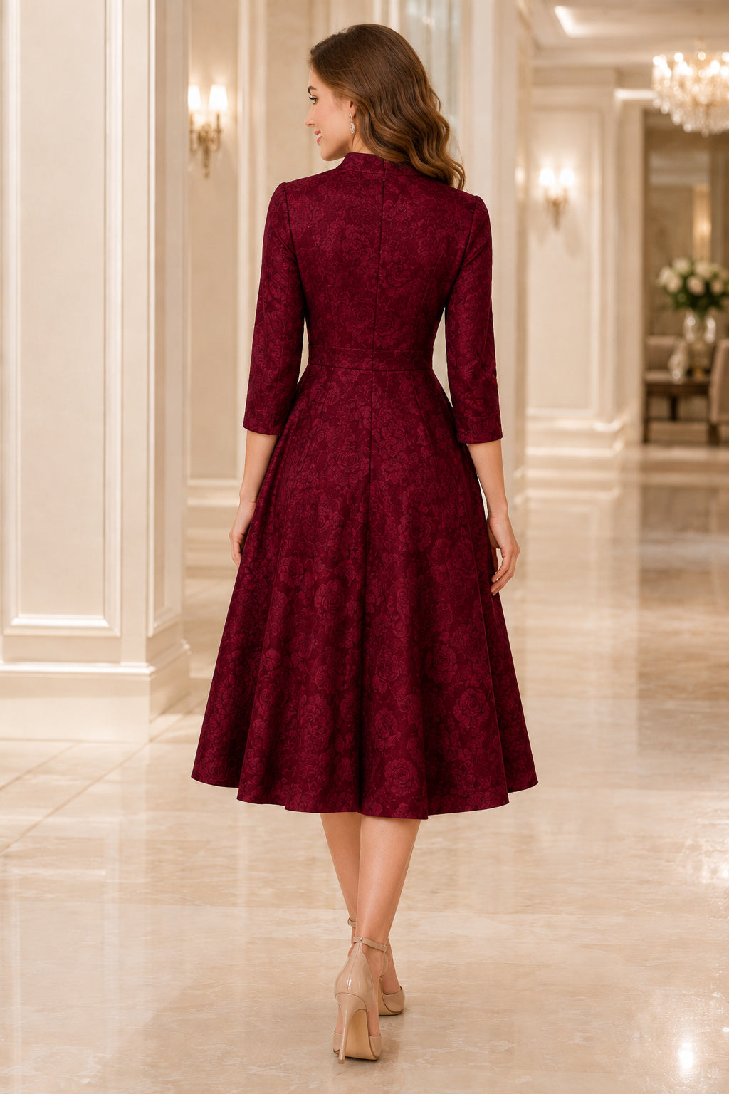 Burgundy Lace A-Line Tea Length Dress with Three Quarter Sleeves and High Neck back view