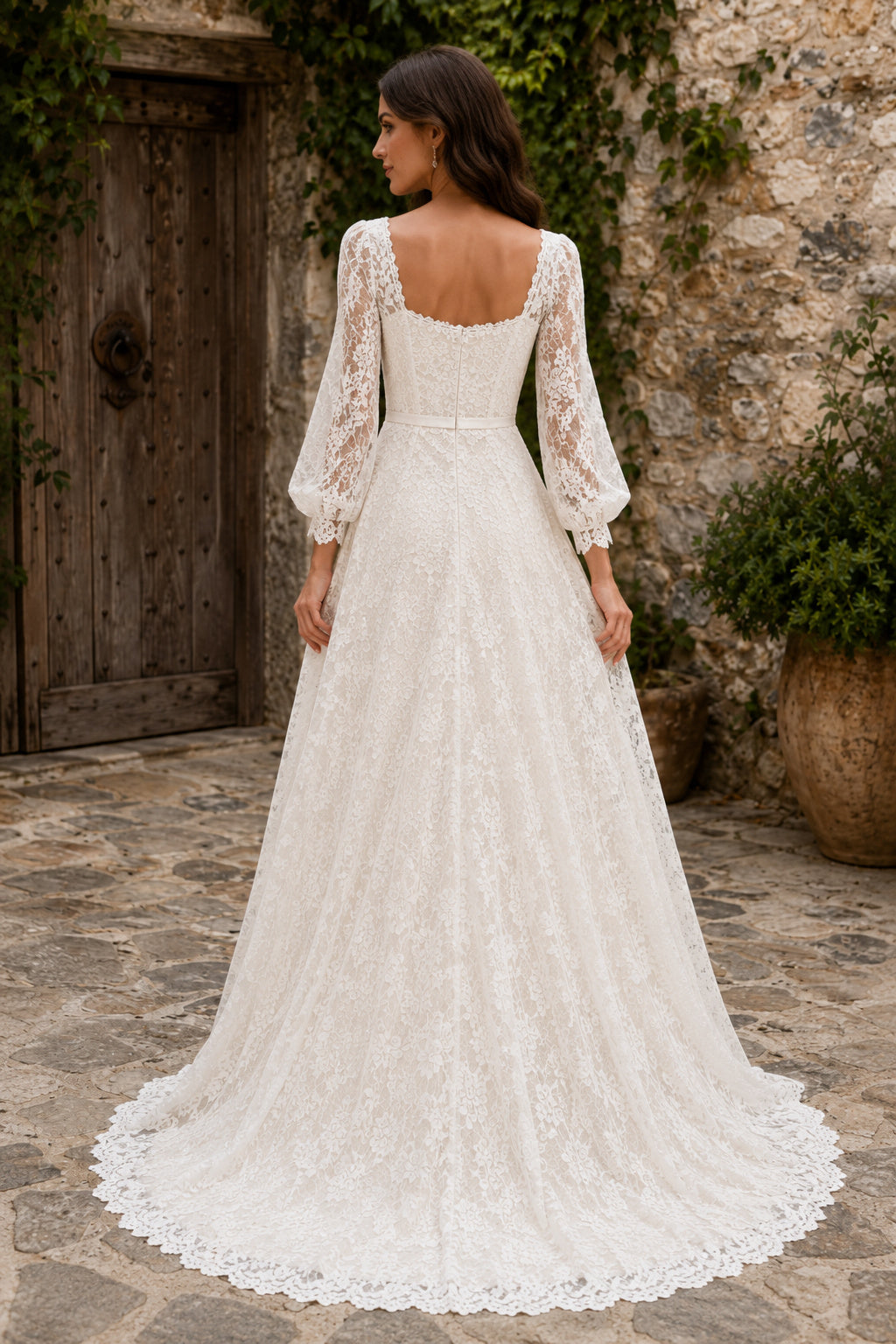 Square Neck Long Sleeve A-Line Wedding Dress with Lace Overlay and Sweep Train for Beach Garden Ceremony back view