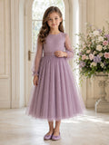 Lavender Swiss Dot Tulle Jewel Neck Illusion Long Sleeve Rear-Bow Tea-Length Flower Girl Dress front view