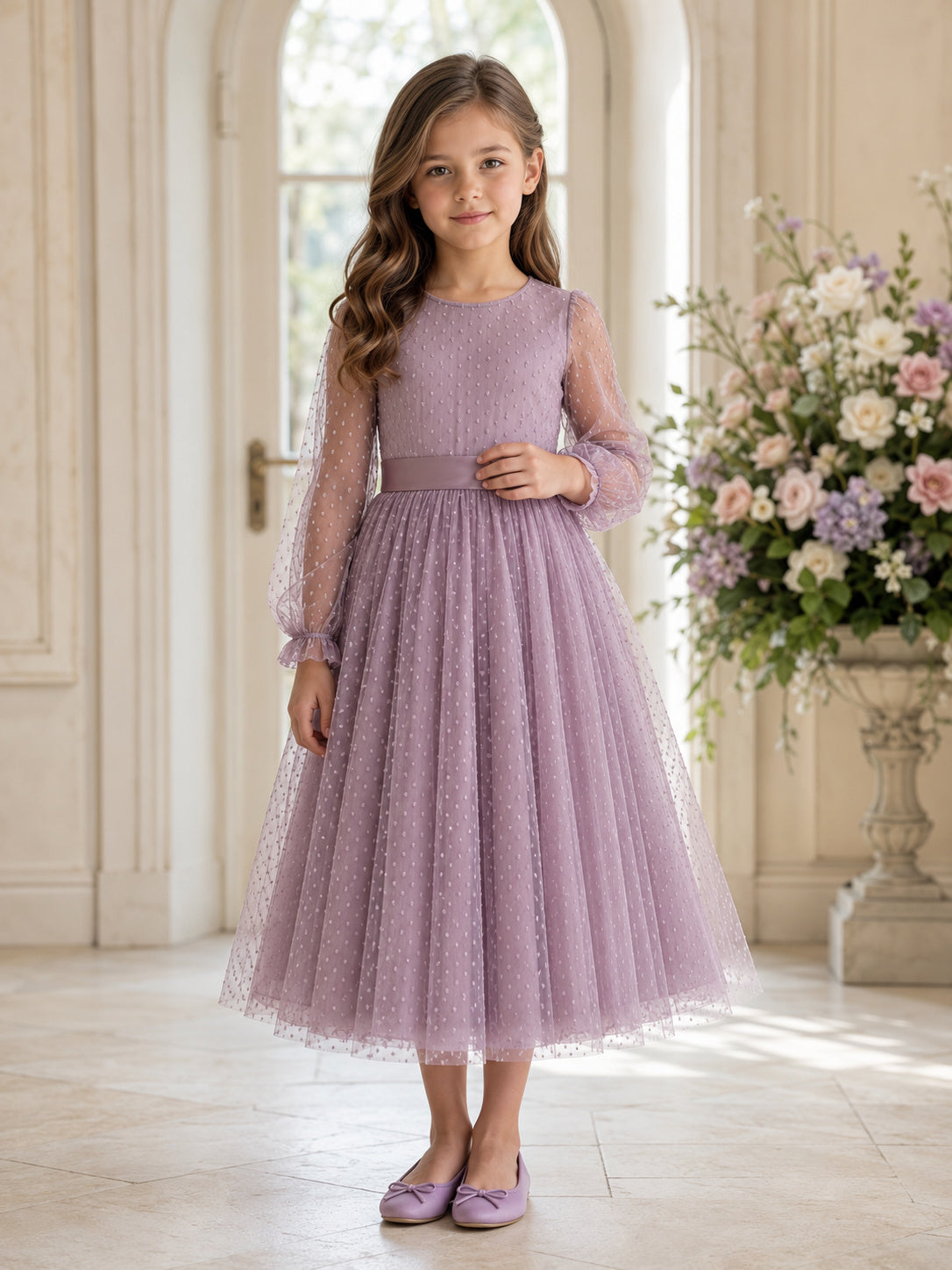 Lavender Swiss Dot Tulle Jewel Neck Illusion Long Sleeve Rear-Bow Tea-Length Flower Girl Dress front view