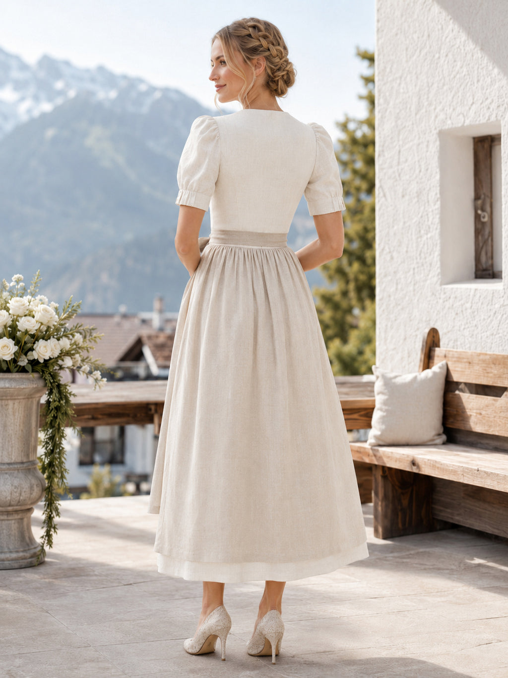 Modern Linen Bridal Dirndl Square Neck Puff Sleeve Ankle Wedding Dress back view