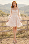 Ivory Sweetheart Lace Mini Wedding Dress with Long Sleeves and Full Tulle Skirt for Country Reception front view