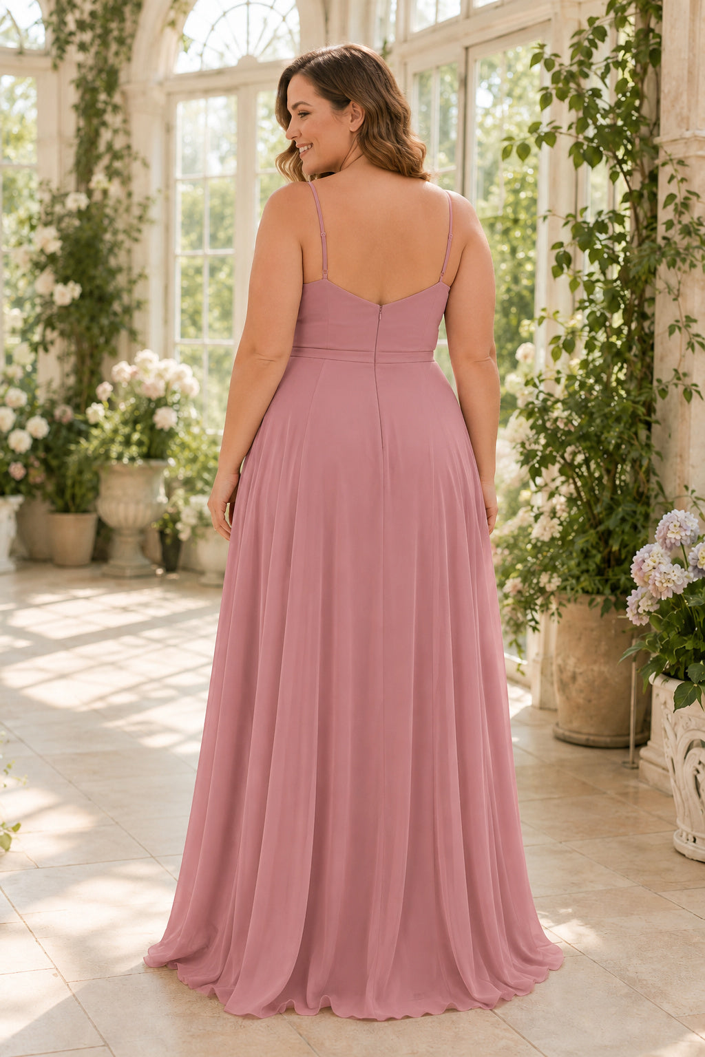Dusty Rose Plus Size Cowl Neck Chiffon A-Line Bridesmaid Dress with Spaghetti Straps back view