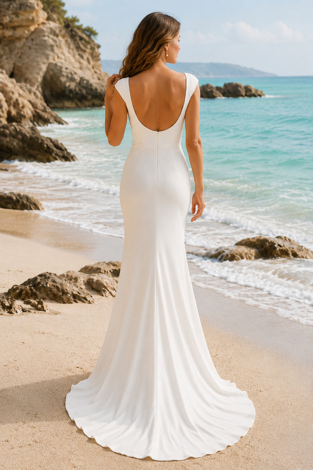 White Square Neck Stretch Satin Mermaid Wedding Dress Sweep Train for Bridal Ceremony and Reception back view