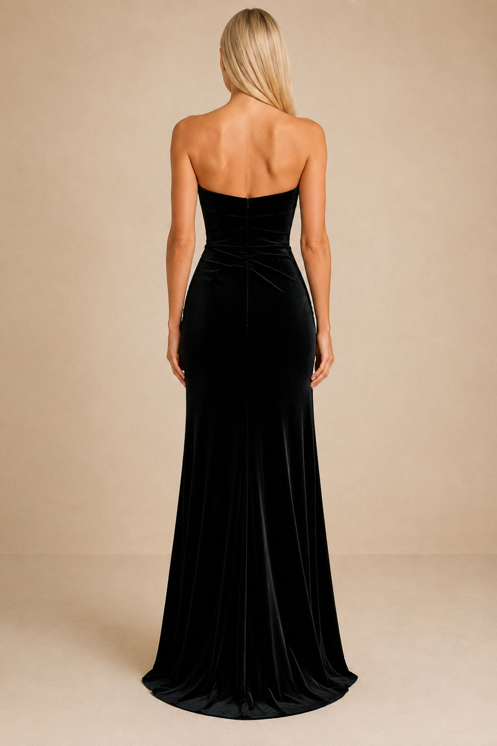 Black Strapless Velvet Mermaid Evening Dress with Sweetheart Neck and Side Split back view