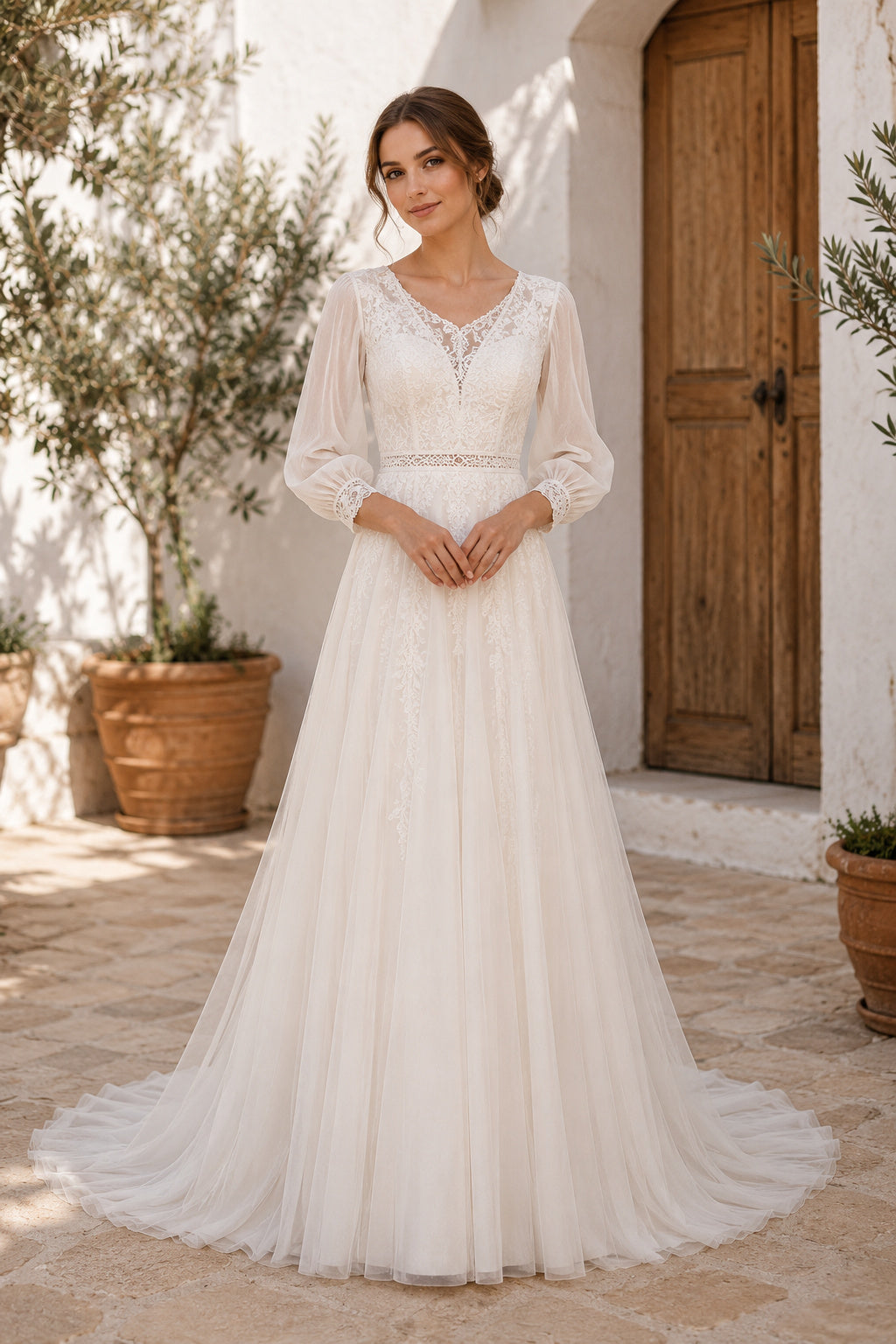 Long Sleeve V-Neck A-Line Wedding Dress with Simple Tulle Skirt and Sweep Train for Beach Garden Ceremony front view