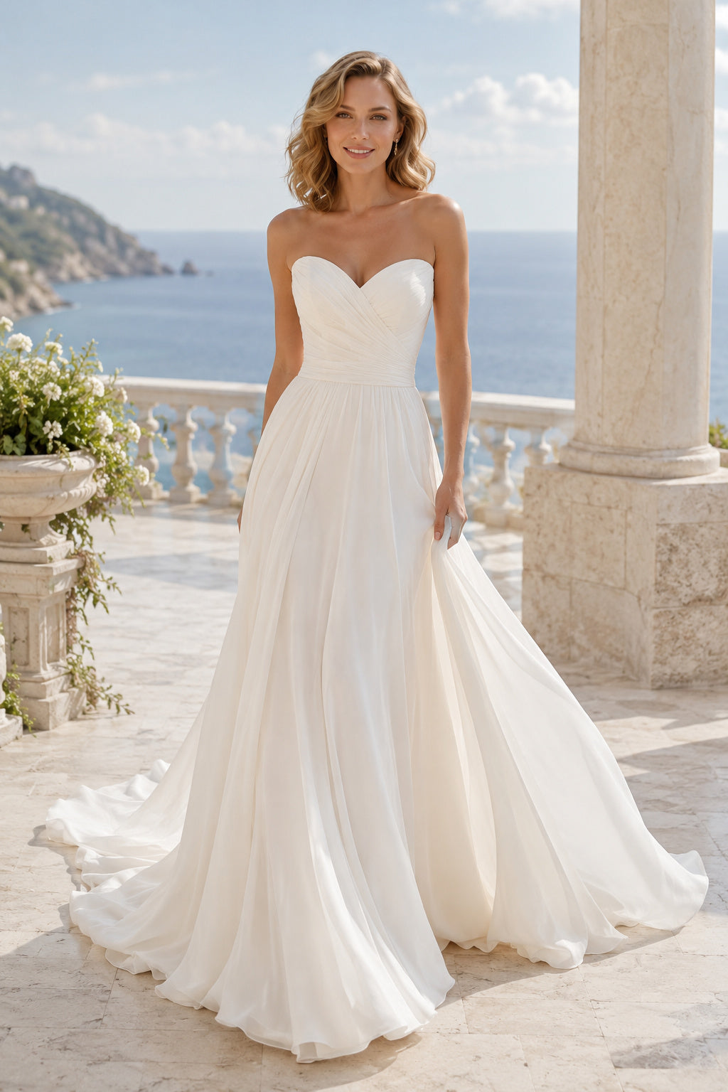Strapless Chiffon A-Line Wedding Dress with Ruched Bodice front view