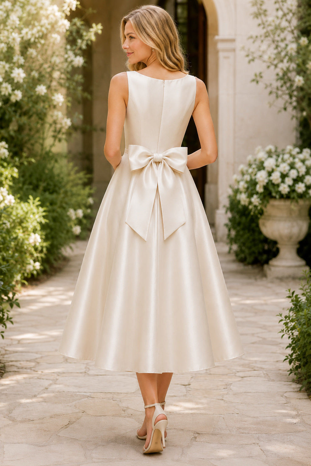 Ivory Sleeveless Satin Tea-Length Dress with Bateau Neck and Bow Back back view