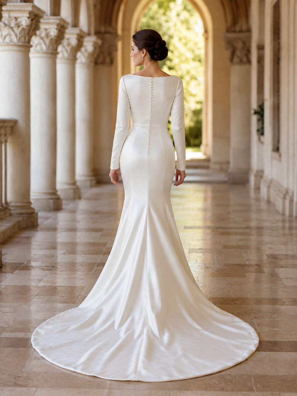 Bateau Long Sleeve Satin Mermaid Chapel Train Wedding Dress back view