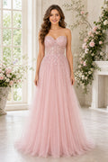 Blush Strapless Sweetheart A-Line Tulle Floor-Length Dress With Lace Bodice