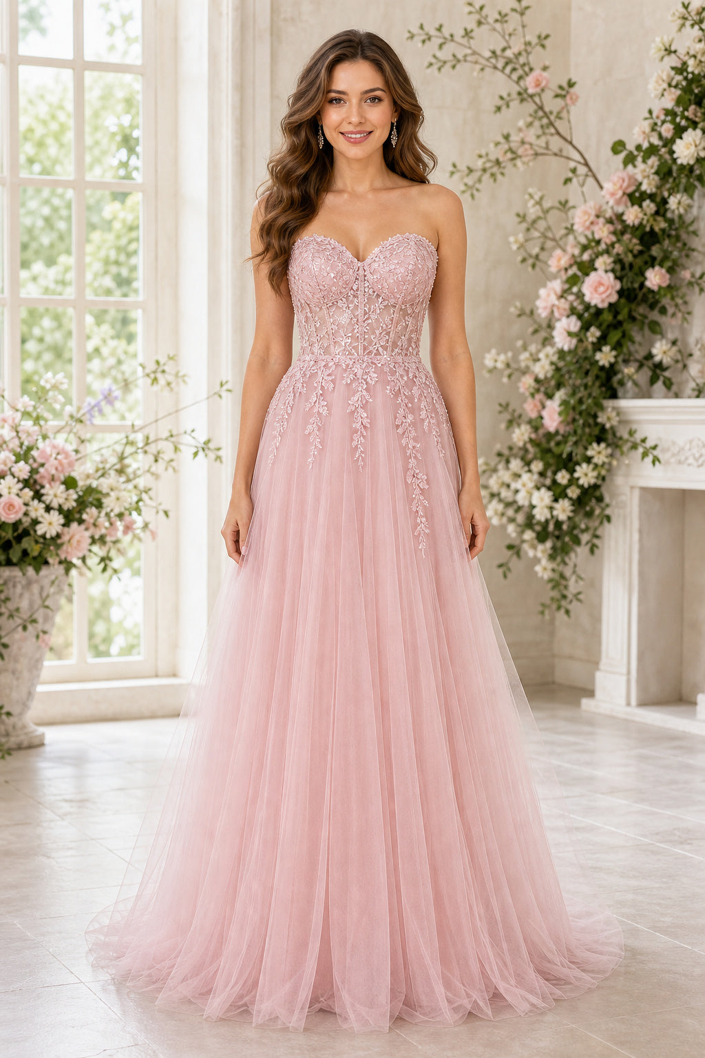 Blush Strapless Sweetheart A-Line Tulle Floor-Length Dress With Lace Bodice