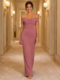 Dusty Rose Off-the-shoulder Crepe Sheath Evening Gown front view