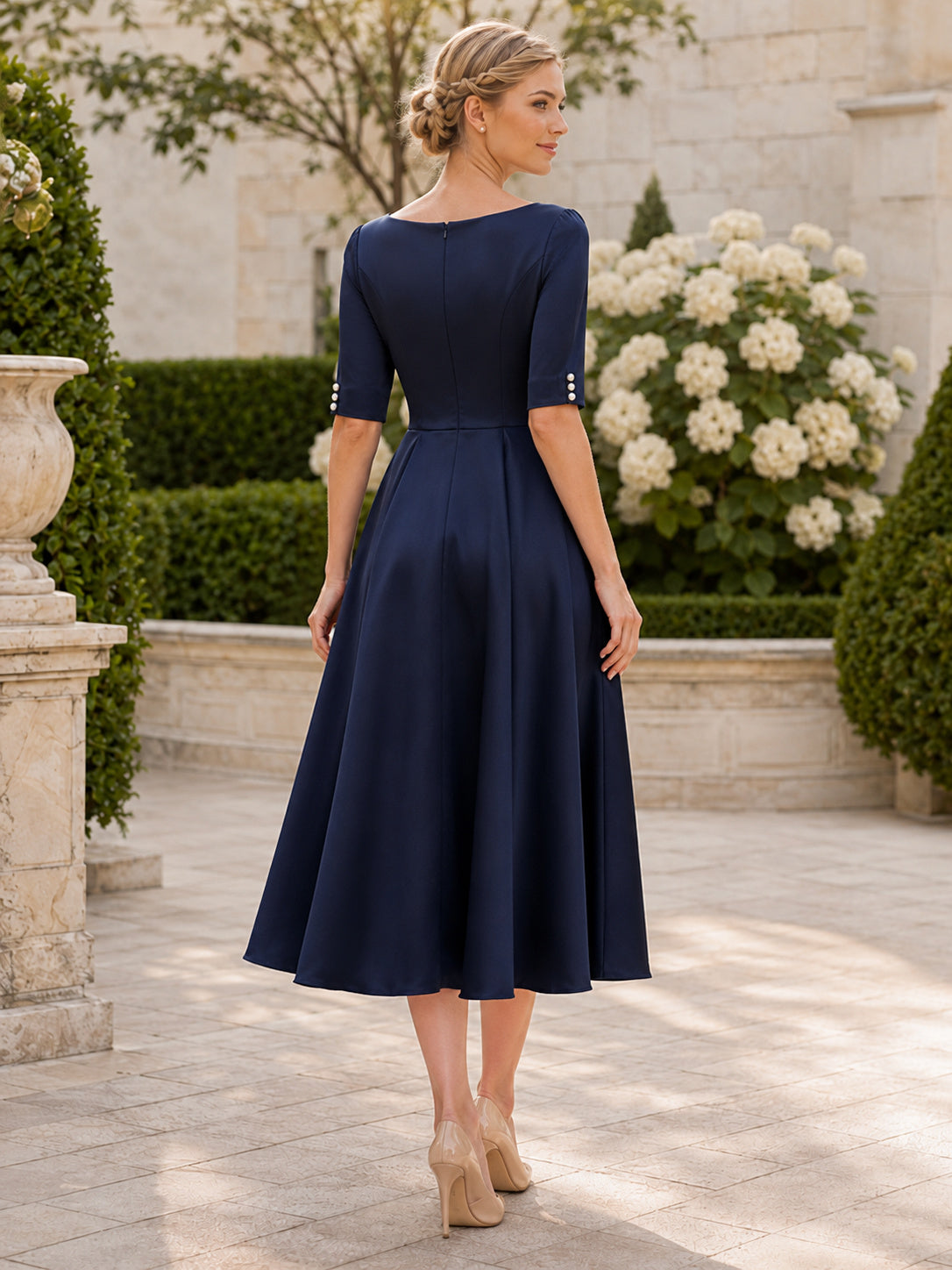 Dark Navy Bateau Half Sleeve Pearl Button Satin A Line Tea Guest Dress back view