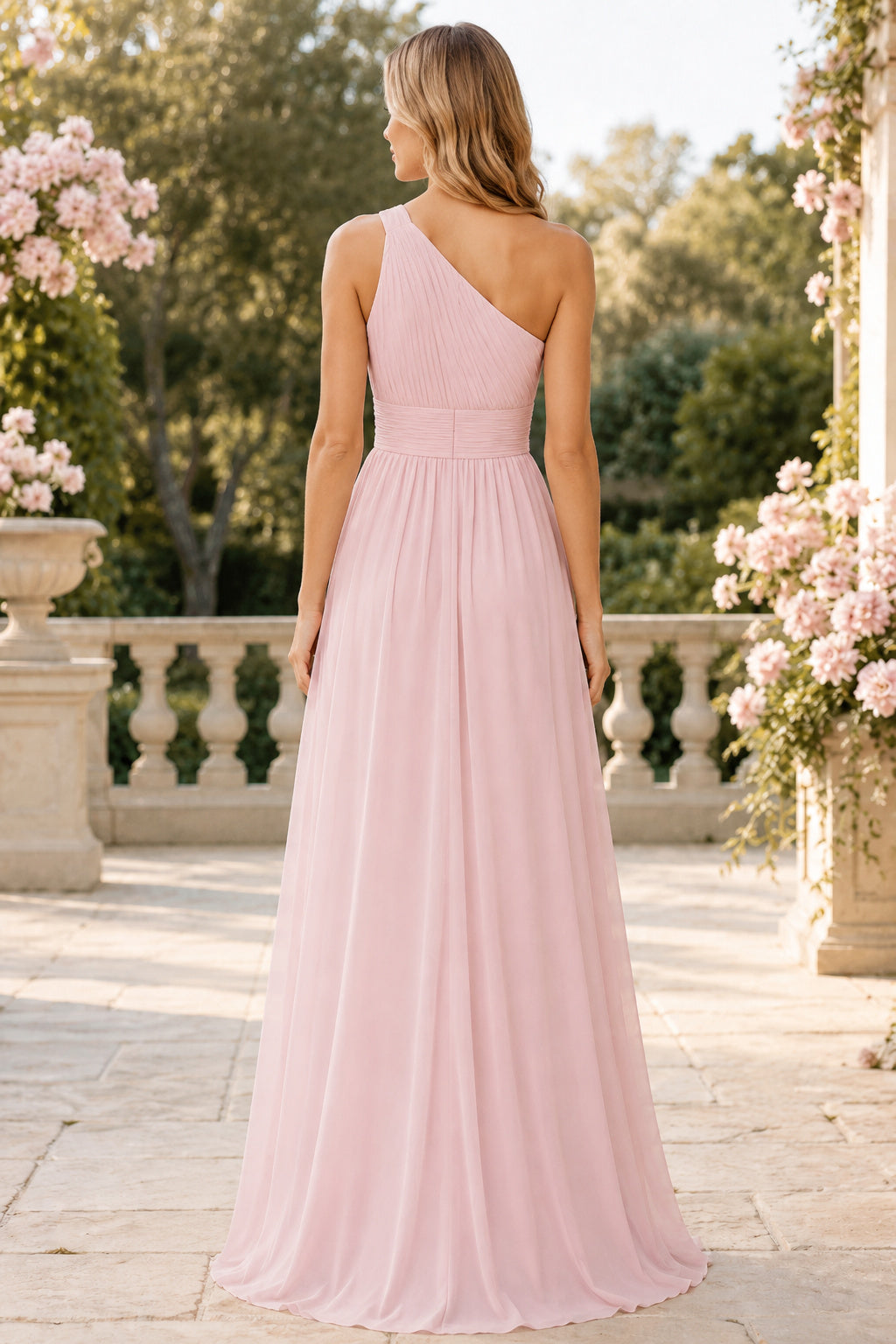 Pearl Pink One-Shoulder Chiffon A-Line Bridesmaid Dress with Pleated Bodice back view