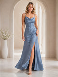 Dusty blue cowl neck satin sheath gown slit front view