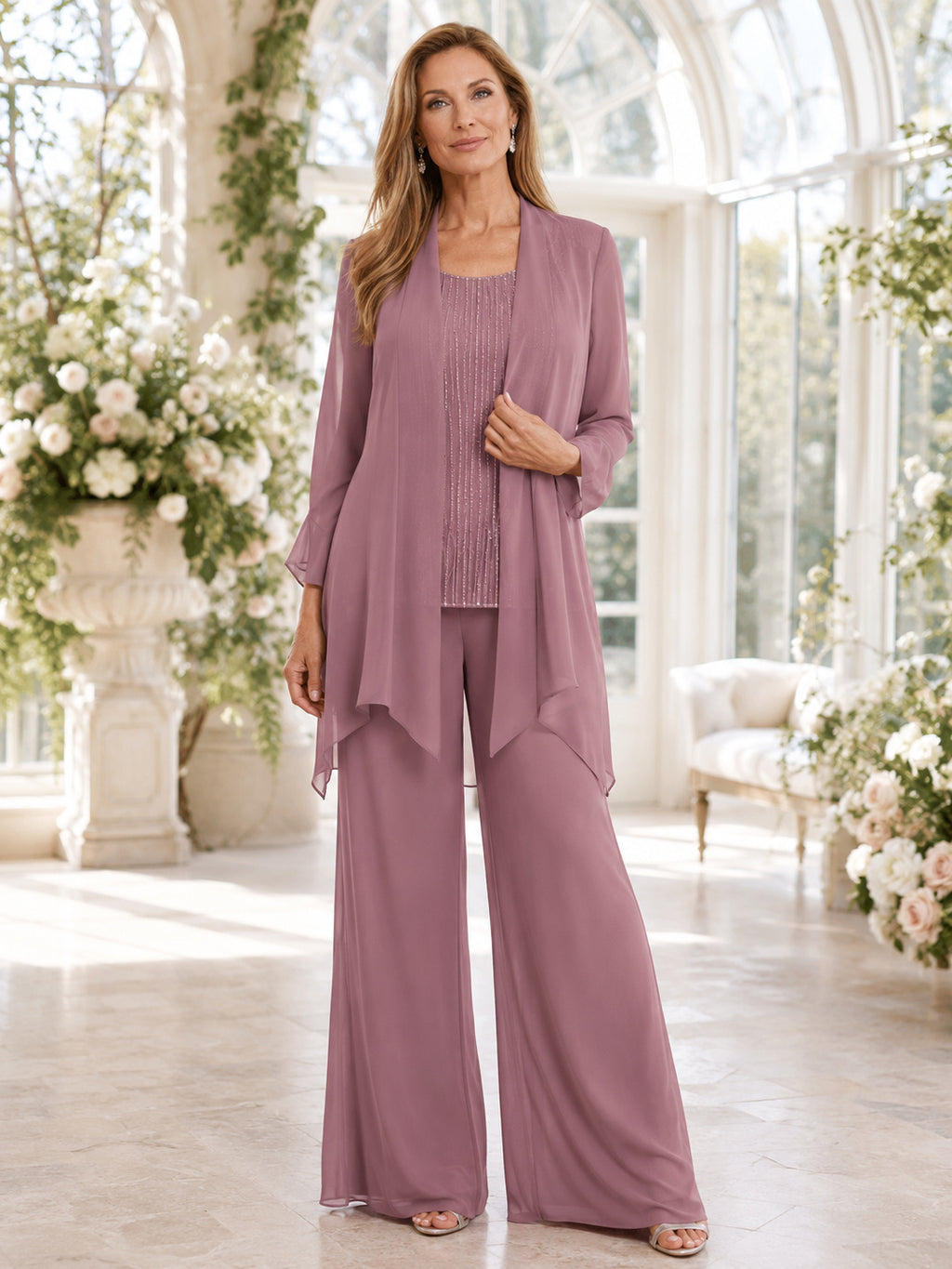Vintage Mauve Tall Simple Palazzo Mother of the Bride Pantsuit Scoop Neck Three-Quarter Pointed Jacket Flowing Floor-Length T