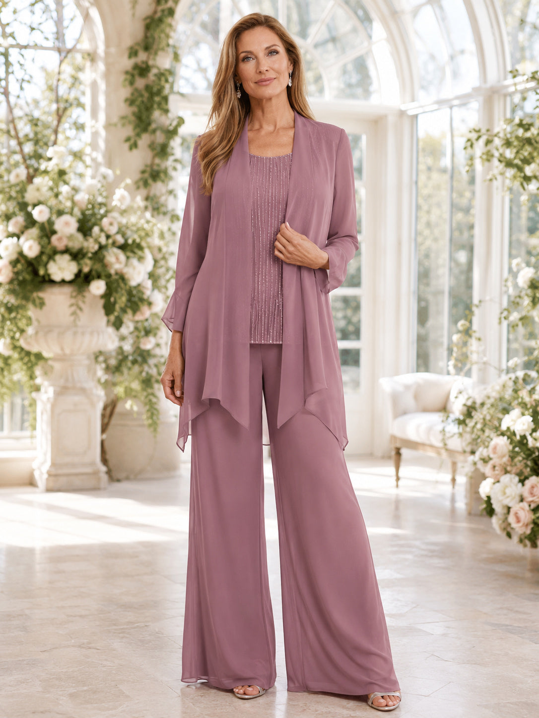 Vintage Mauve Tall Simple Palazzo Mother of the Bride Pantsuit Scoop Neck Three-Quarter Pointed Jacket Flowing Floor-Length T