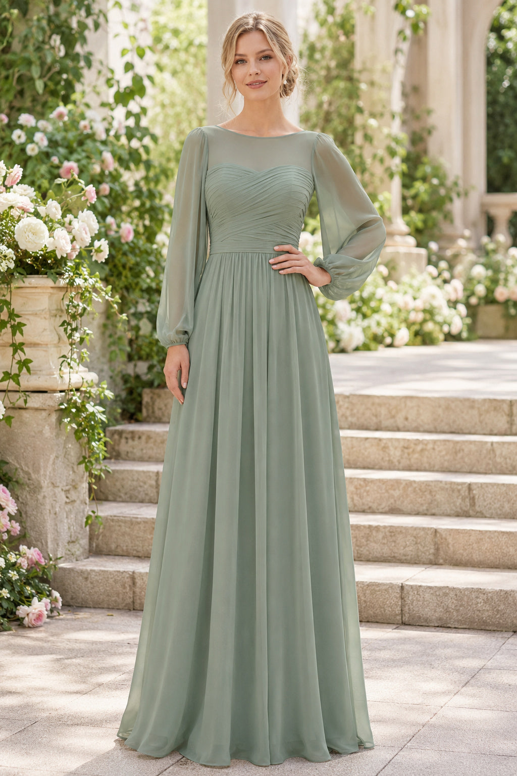 Sage Jewel Neck Chiffon A-Line Mother Dress with Long Poet Sleeves and Pleated Skirt front view