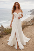 Ivory Off Shoulder Draped Chiffon A-Line Wedding Dress Split Front for Bridal Ceremony and Reception front view